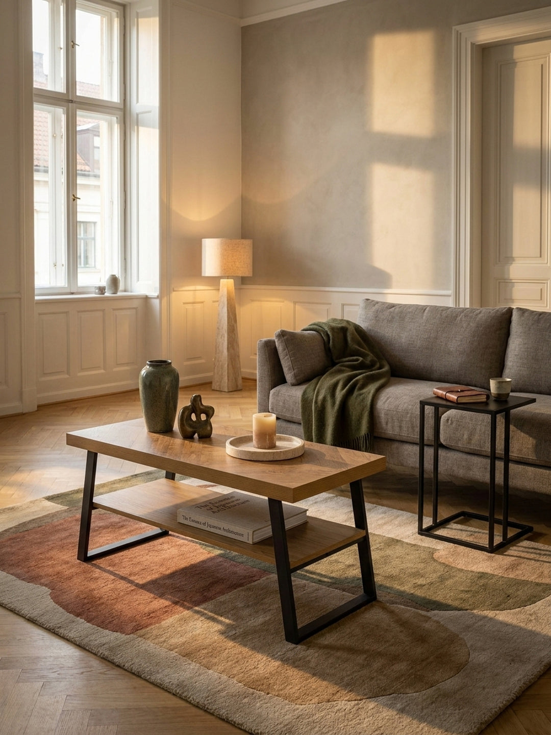 Moderner Couchtisch mit Fischgrät-Muster in Eiche-Optik in einem hellen Wohnzimmer mit beigem Sofa und Wollteppich._