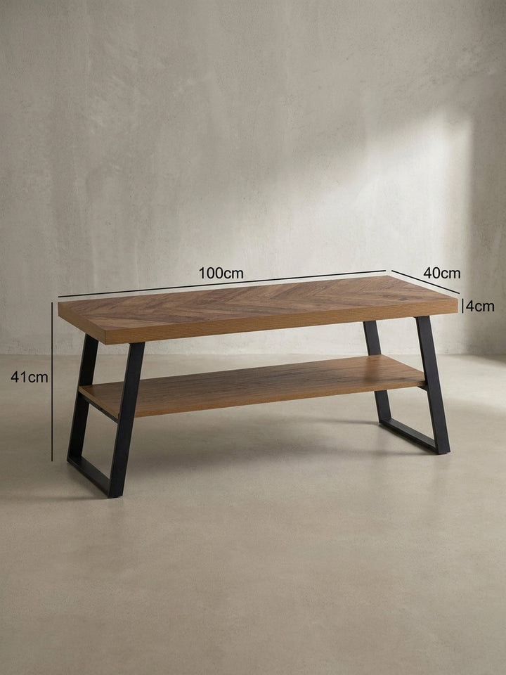 Couchtisch mit exakten Maßen: Länge 100cm, Breite 40cm, Höhe 41cm, ideal für die Planung des Wohnzimmerlayouts._