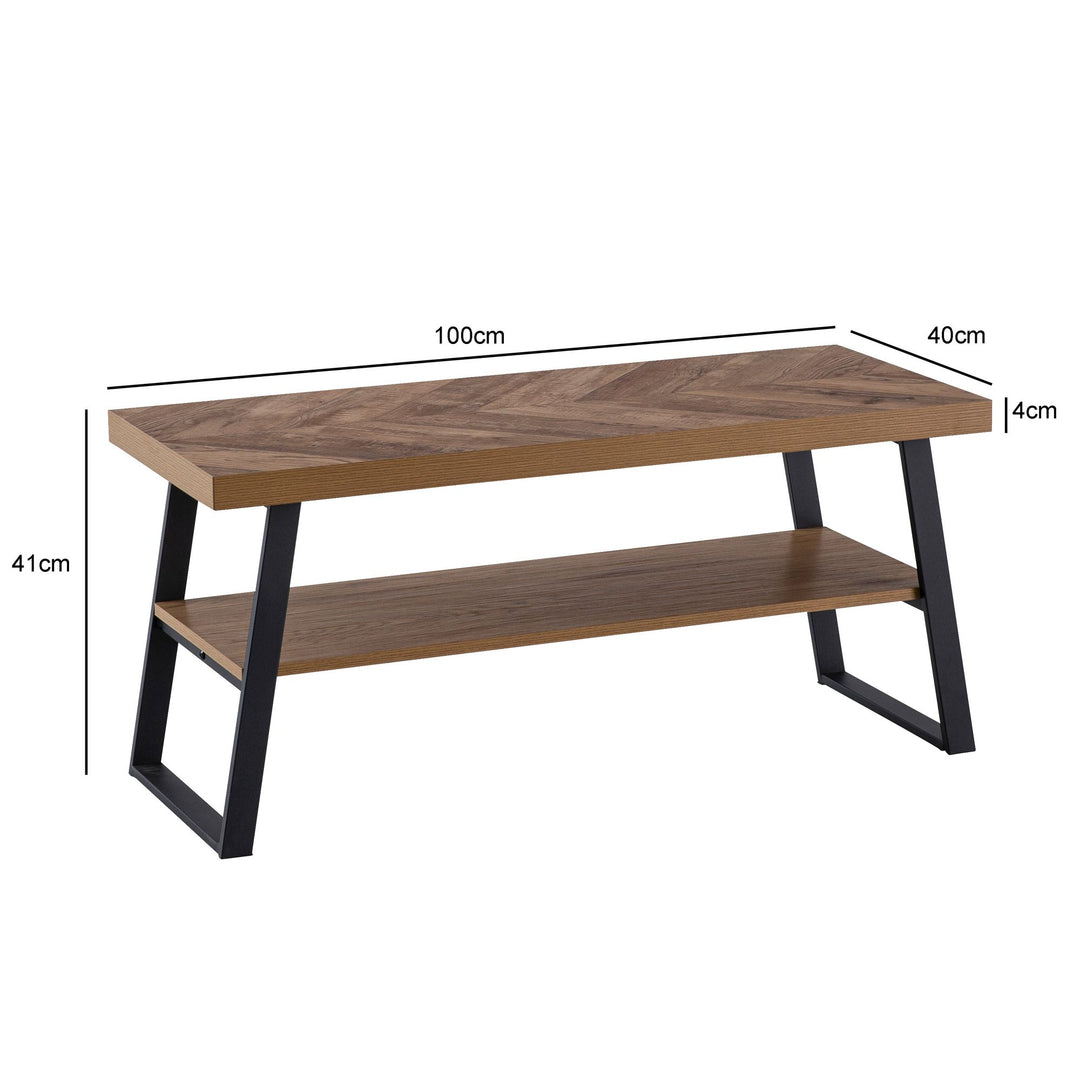 Couchtisch Braun Fischgrät-Muster 100x40x41cm mit Ablage und Metallgestell