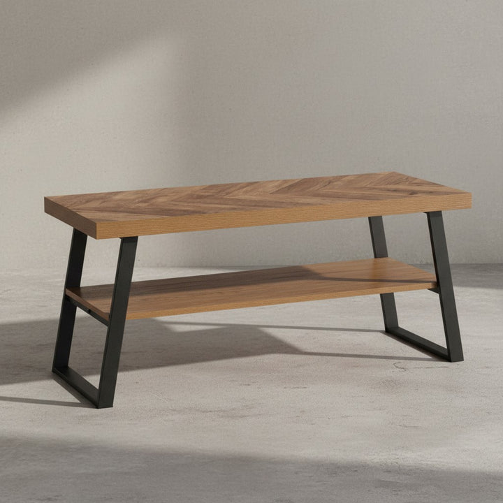 Couchtisch 100x40x41 cm Sofatisch Braun mit Fischgrät-Muster - Design Wohnzimmertisch Rechteckig - Loungetisch Modern mit Ablage - Kaffeetisch mit Metallgestell_