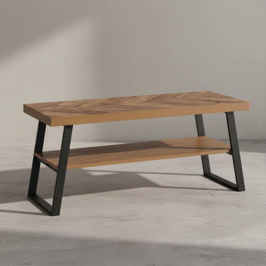 Couchtisch 100x40x41 cm Sofatisch Braun mit Fischgrät-Muster - Design Wohnzimmertisch Rechteckig - Loungetisch Modern mit Ablage - Kaffeetisch mit Metallgestell_