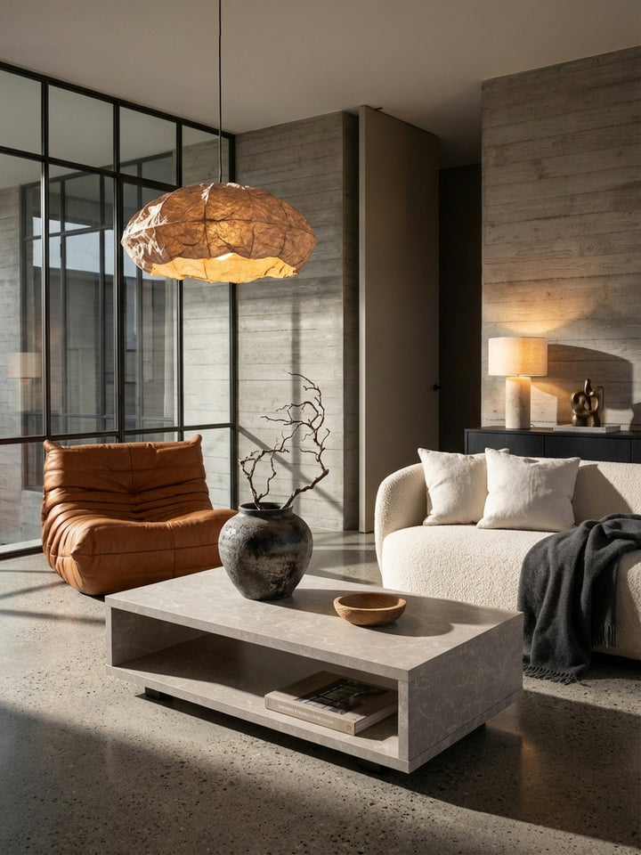 Moderner sandfarbener Couchtisch in Stein-Optik als Mittelpunkt eines minimalistischen Wohnzimmers vor einem großen Bouclé-Sofa._