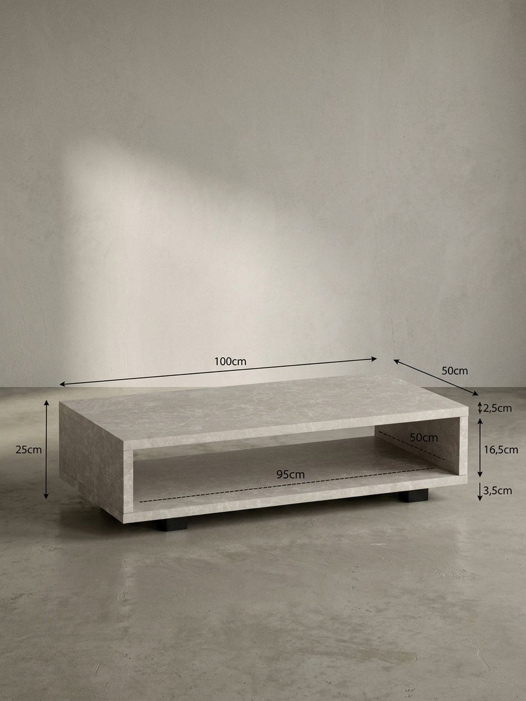 Technische Zeichnung des Couchtisches in Stein-Optik mit exakten Maßen: 100cm Länge, 50cm Breite und 25cm Höhe für die Raumplanung._