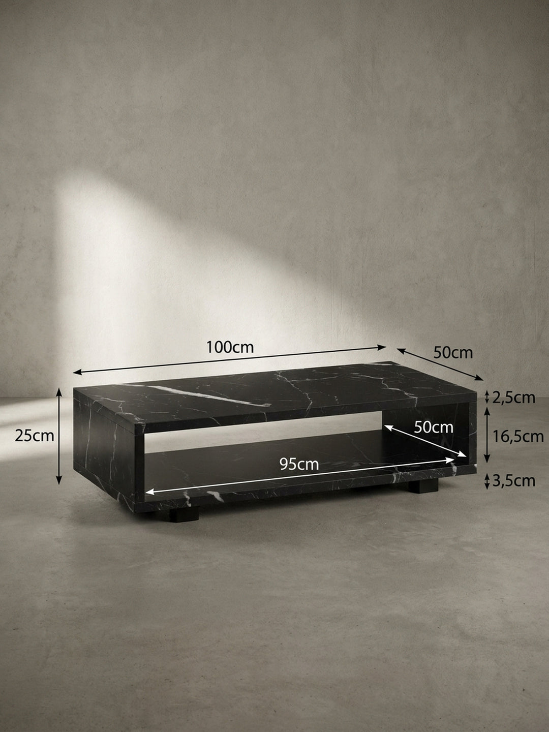 Technische Zeichnung des schwarzen Couchtisches mit exakten Maßangaben von 100x50x25 cm für die präzise Planung der Sitzlandschaft im heimischen Zuhause_