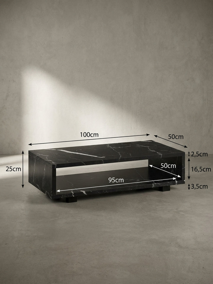 Technische Zeichnung des schwarzen Couchtisches mit exakten Maßangaben von 100x50x25 cm für die präzise Planung der Sitzlandschaft im heimischen Zuhause_