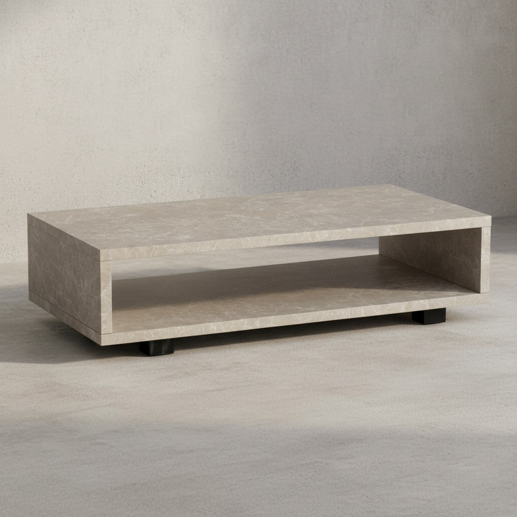 Couchtisch 100x50x25 cm Sandfarben Sofatisch in Stein-Optik Modern - Design Wohnzimmertisch Rechteckig mit Stauraum - Loungetisch Schlicht - Kaffeetisch Groß_