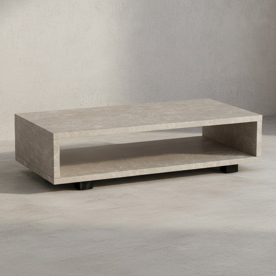 Couchtisch 100x50x25 cm Sandfarben Sofatisch in Stein-Optik Modern - Design Wohnzimmertisch Rechteckig mit Stauraum - Loungetisch Schlicht - Kaffeetisch Groß_