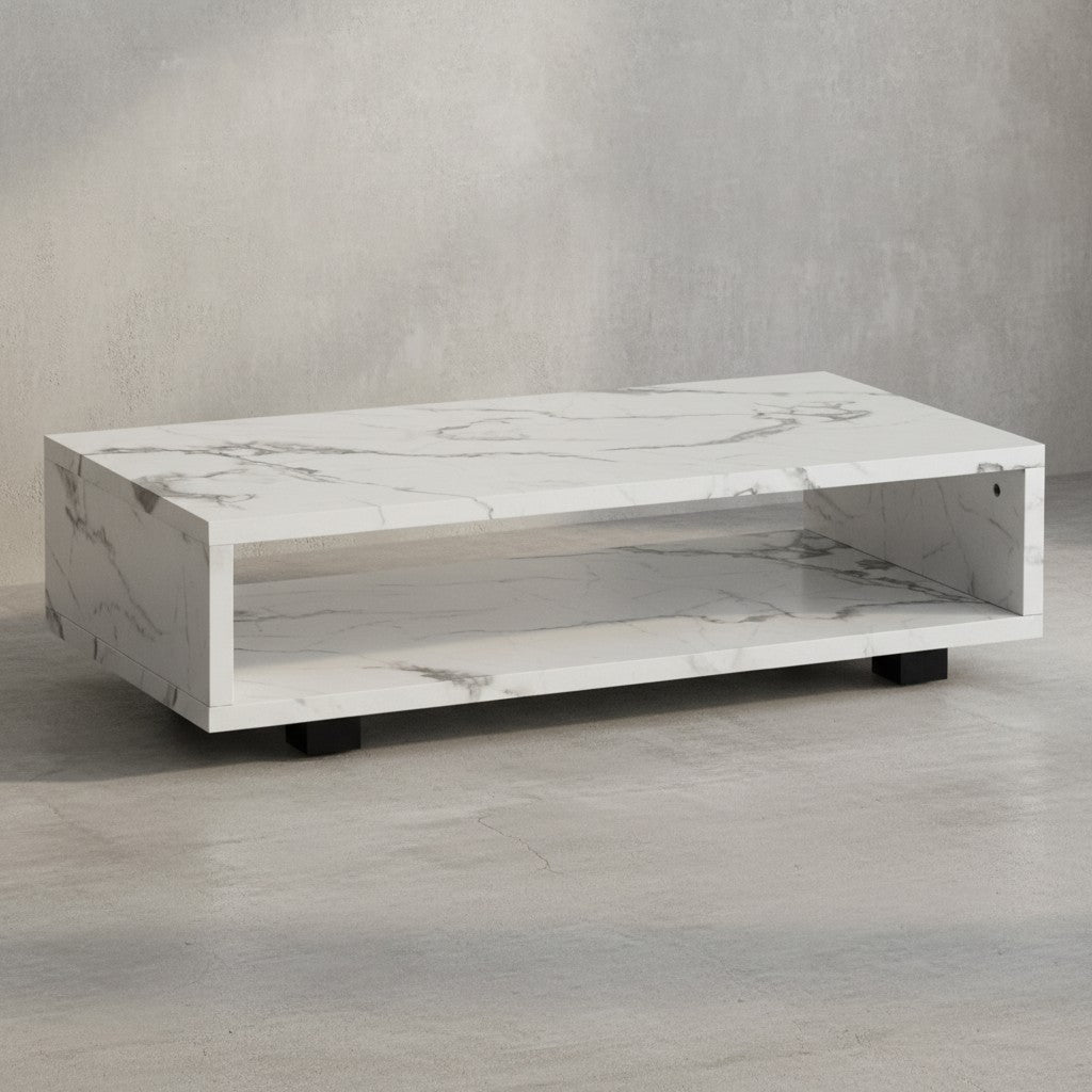 Couchtisch 100x50x25 cm Sandfarben Sofatisch in Stein-Optik Modern - Design Wohnzimmertisch Rechteckig mit Stauraum - Loungetisch Schlicht - Kaffeetisch Groß_