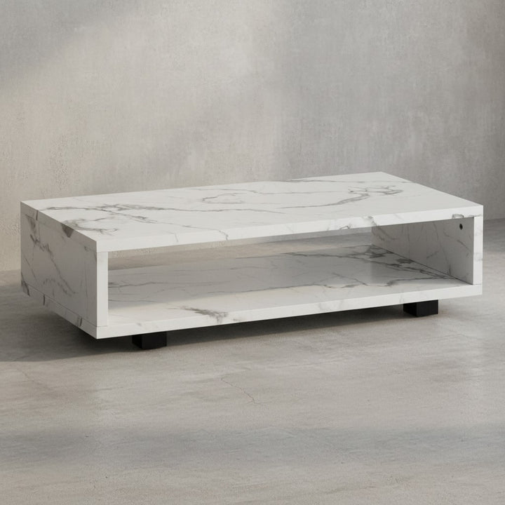 Couchtisch 100x50x25 cm Sandfarben Sofatisch in Stein-Optik Modern - Design Wohnzimmertisch Rechteckig mit Stauraum - Loungetisch Schlicht - Kaffeetisch Groß_
