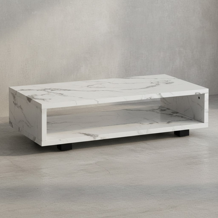 Couchtisch 100x50x25 cm Sandfarben Sofatisch in Stein-Optik Modern - Design Wohnzimmertisch Rechteckig mit Stauraum - Loungetisch Schlicht - Kaffeetisch Groß_