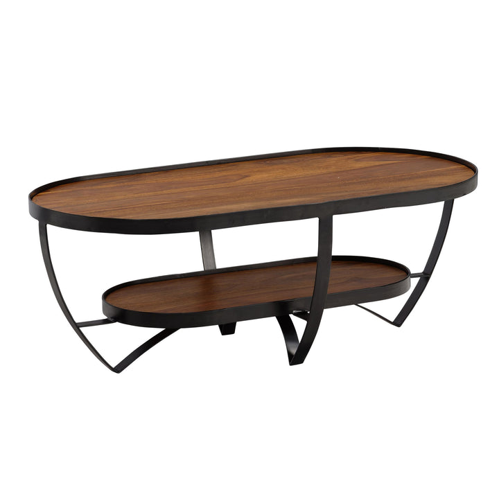 Couchtisch Sheesham Massivholz Metall Oval 100x50x37,5 cm mit Stauraum Modern