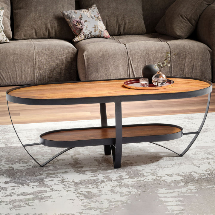 Couchtisch Sheesham Massivholz Metall Oval 100x50x37,5 cm mit Stauraum Modern