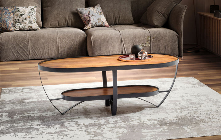Couchtisch Sheesham Massivholz Metall Oval 100x50x37,5 cm mit Stauraum Modern