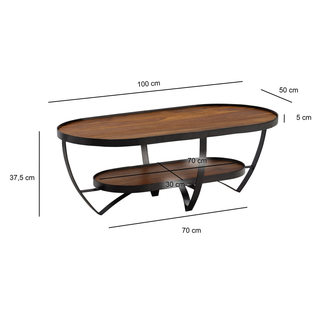 Couchtisch Sheesham Massivholz Metall Oval 100x50x37,5 cm mit Stauraum Modern