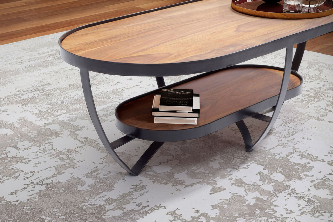 Couchtisch Sheesham Massivholz Metall Oval 100x50x37,5 cm mit Stauraum Modern