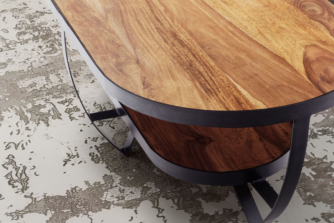 Couchtisch Sheesham Massivholz Metall Oval 100x50x37,5 cm mit Stauraum Modern