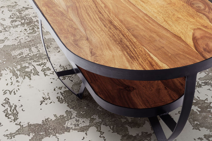 Couchtisch Sheesham Massivholz Metall Oval 100x50x37,5 cm mit Stauraum Modern