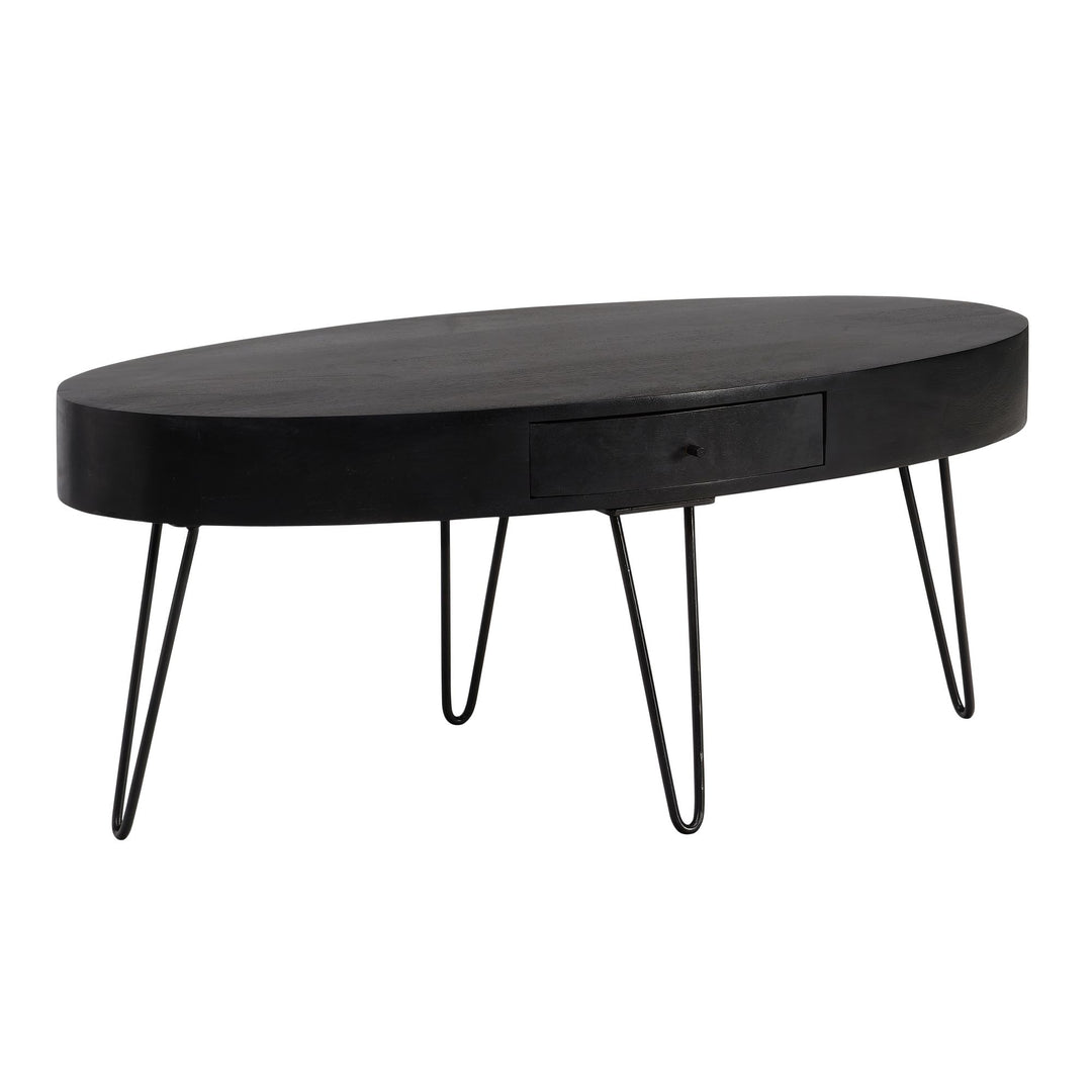 Couchtisch in Mango-Massivholz und Metall, 100x50x40 cm, Oval, mit Schublade, Stauraum und Haarnadelbeinen
