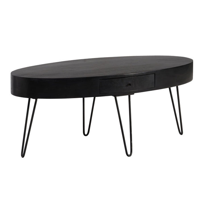 Couchtisch in Mango-Massivholz und Metall, 100x50x40 cm, Oval, mit Schublade, Stauraum und Haarnadelbeinen