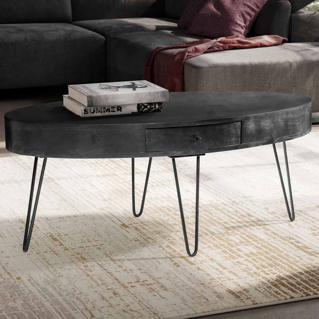 Couchtisch 100x50x40 cm Mango Massivholz Metall Sofatisch - Design Wohnzimmertisch Oval mit Schublade - Kaffeetisch Stauraum Massiv - Großer Tisch Wohnzimmer Haarnadelbeine_