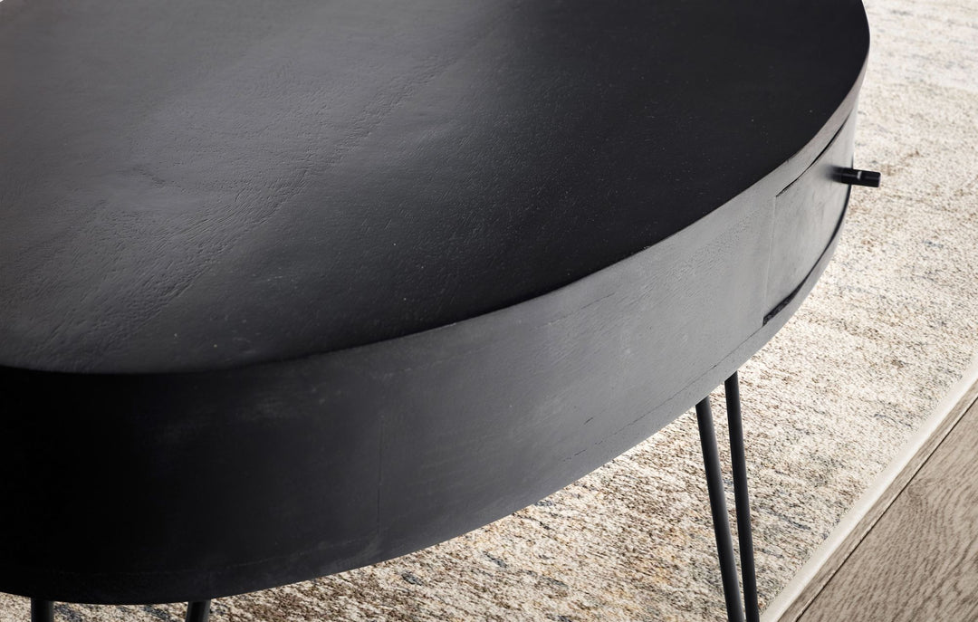 Couchtisch in Mango-Massivholz und Metall, 100x50x40 cm, Oval, mit Schublade, Stauraum und Haarnadelbeinen