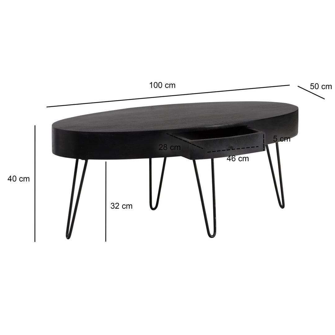 Couchtisch in Mango-Massivholz und Metall, 100x50x40 cm, Oval, mit Schublade, Stauraum und Haarnadelbeinen