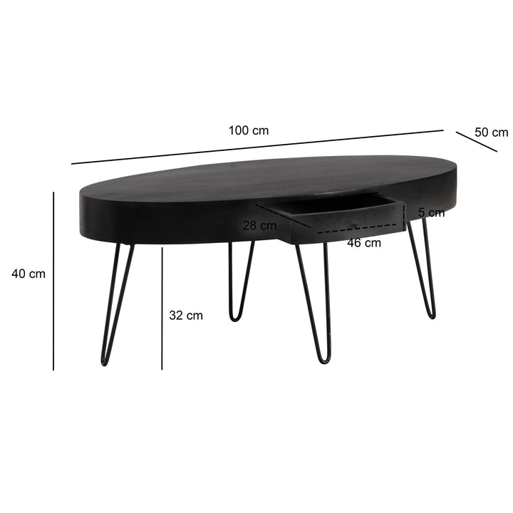 Couchtisch in Mango-Massivholz und Metall, 100x50x40 cm, Oval, mit Schublade, Stauraum und Haarnadelbeinen