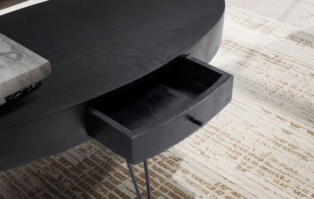 Couchtisch in Mango-Massivholz und Metall, 100x50x40 cm, Oval, mit Schublade, Stauraum und Haarnadelbeinen