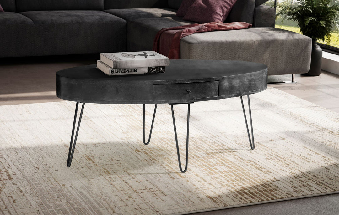 Couchtisch in Mango-Massivholz und Metall, 100x50x40 cm, Oval, mit Schublade, Stauraum und Haarnadelbeinen