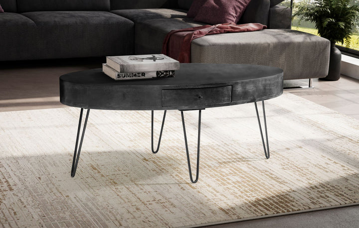 Couchtisch in Mango-Massivholz und Metall, 100x50x40 cm, Oval, mit Schublade, Stauraum und Haarnadelbeinen