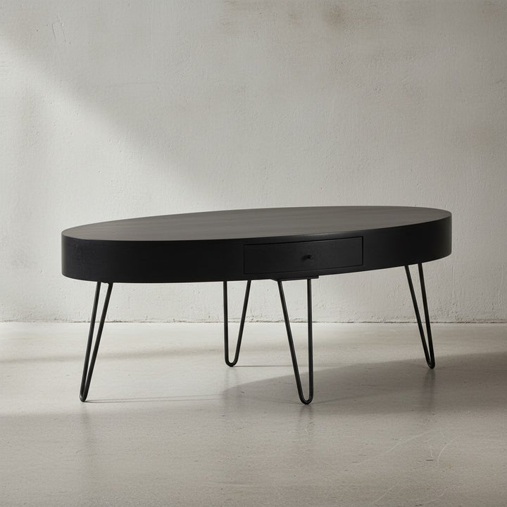 Couchtisch 100x50x40 cm Mango Massivholz Metall Sofatisch - Design Wohnzimmertisch Oval mit Schublade - Kaffeetisch Stauraum Massiv - Großer Tisch Wohnzimmer Haarnadelbeine_