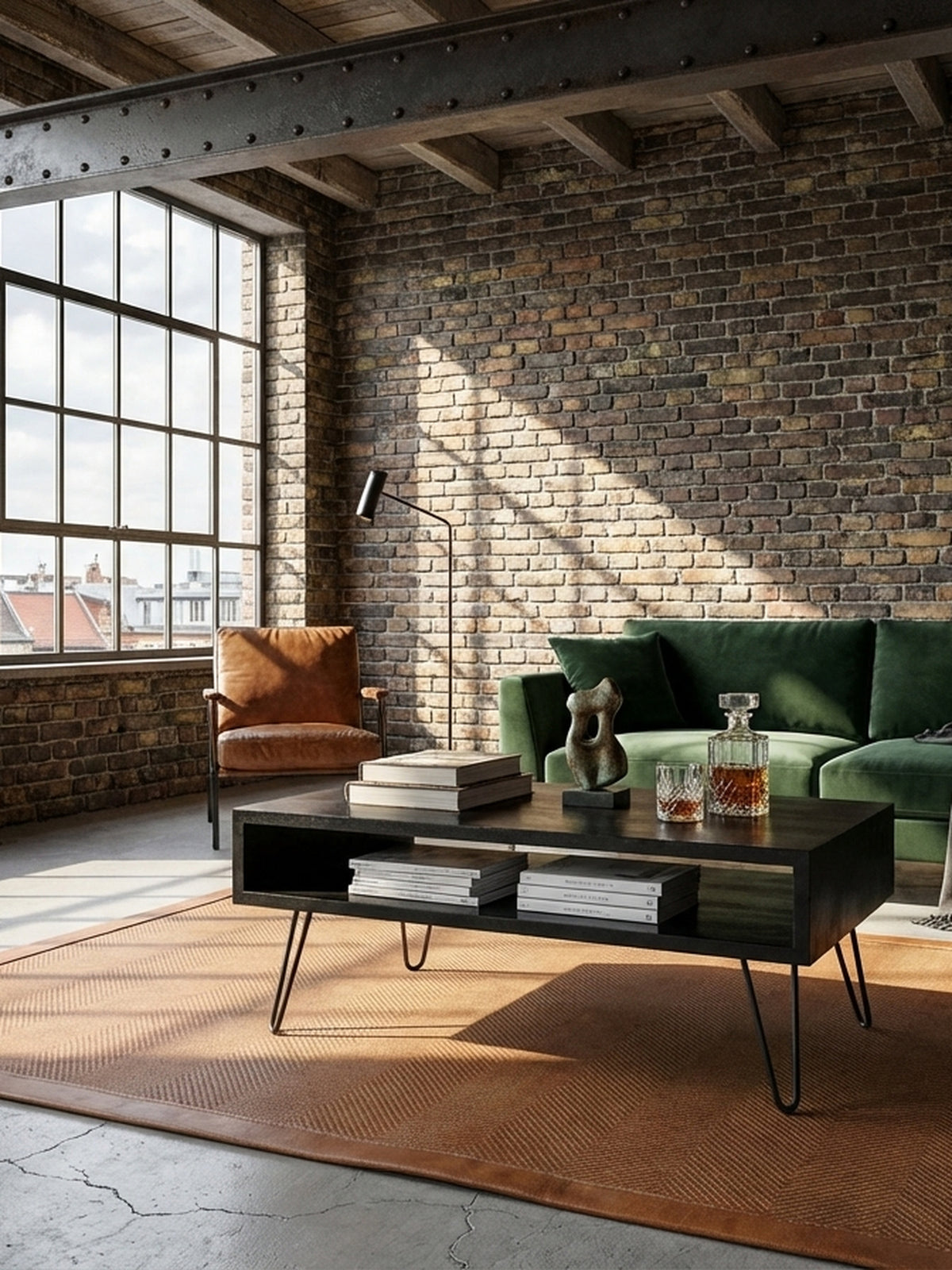 Couchtisch aus schwarzem Mangoholz im Industrial-Loft-Wohnzimmer, platziert auf einem Fischgrätparkett vor einem cremefarbenen Sofa.