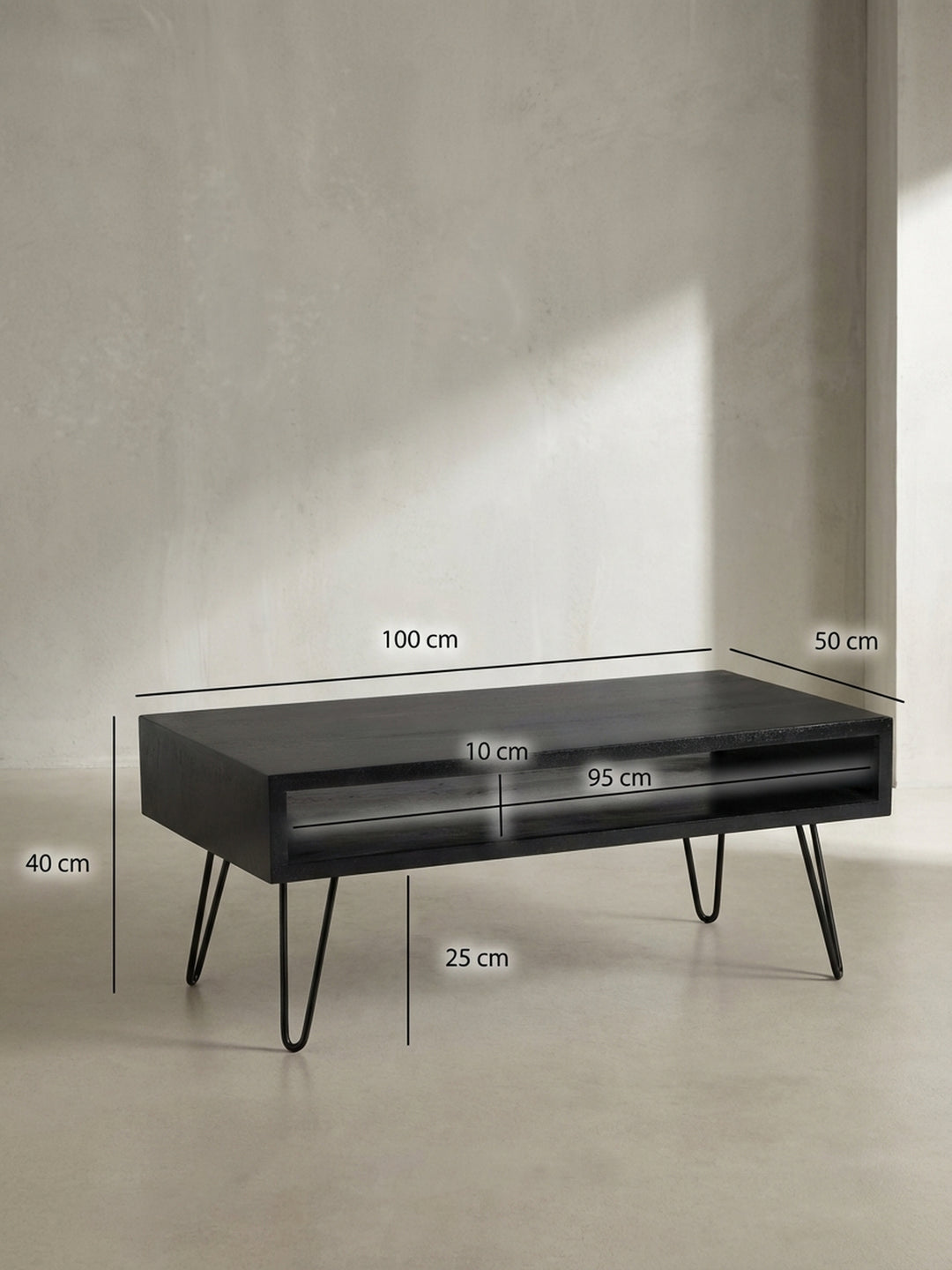 Technisches Maßbild des Couchtisches mit genauen Abmessungen: Breite 100 cm, Höhe 40 cm und Tiefe 50 cm für die Raumplanung._