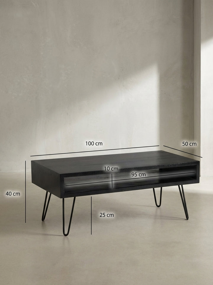 Technisches Maßbild des Couchtisches mit genauen Abmessungen: Breite 100 cm, Höhe 40 cm und Tiefe 50 cm für die Raumplanung._