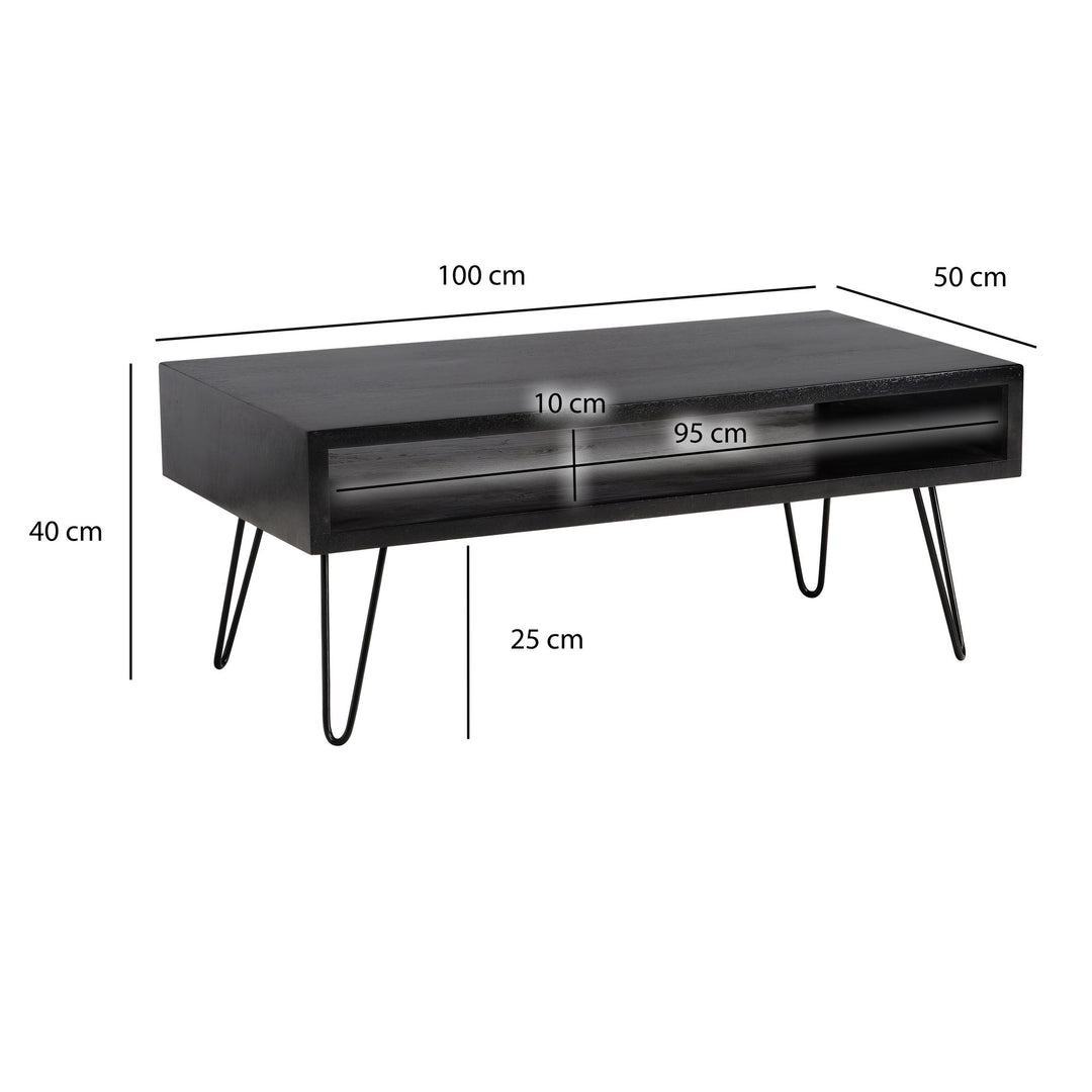 Couchtisch Mango Massivholz Metall 100x50x40cm mit Stauraum und Haarnadelbeinen