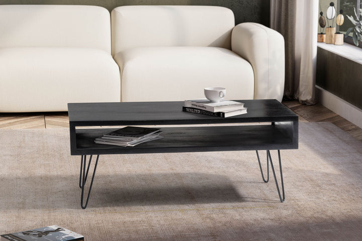 Couchtisch Mango Massivholz Metall 100x50x40cm mit Stauraum und Haarnadelbeinen