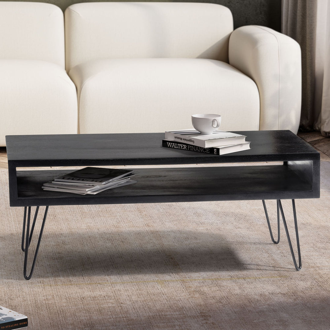 Couchtisch Mango Massivholz Metall 100x50x40cm mit Stauraum und Haarnadelbeinen
