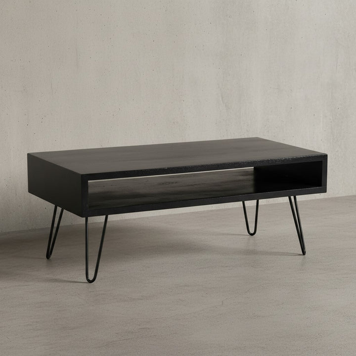 Couchtisch 100x50x40 cm Mango Massivholz Metall Sofatisch - Design Wohnzimmertisch Rechteckig mit Stauraum - Kaffeetisch Massiv - Großer Tisch Wohnzimmer mit Haarnadelbeine_