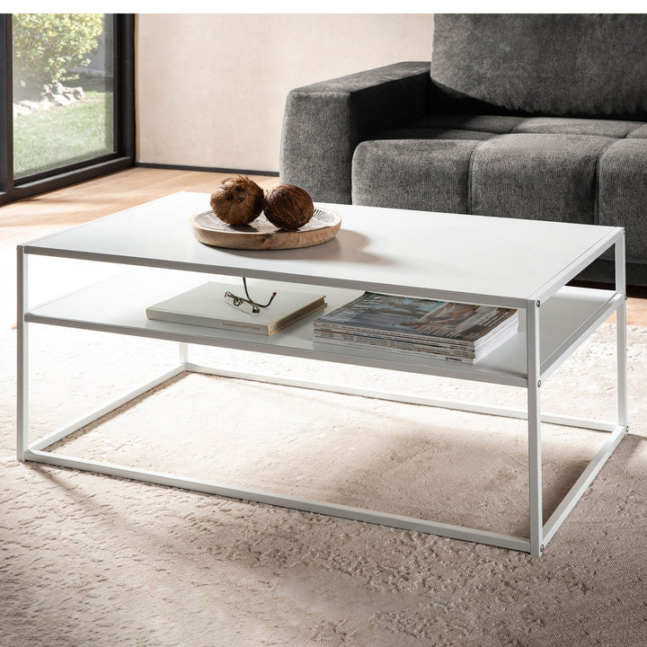 Couchtisch Weiß Metall Industrial 100x60x45cm mit Stauraum und Ablagefach