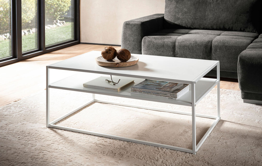 Couchtisch Weiß Metall Industrial 100x60x45cm mit Stauraum und Ablagefach
