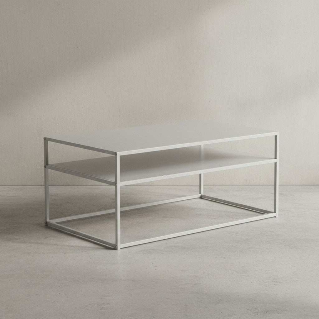 Couchtisch 100x60x45 cm Metall Wohnzimmertisch Industrial Weiß - Sofatisch Stahl mit Stauraum - Loungetisch mit Ablagefach - Kaffeetisch Beistelltisch Eckig_