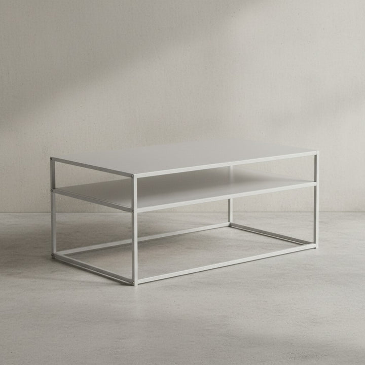 Couchtisch 100x60x45 cm Metall Wohnzimmertisch Industrial Weiß - Sofatisch Stahl mit Stauraum - Loungetisch mit Ablagefach - Kaffeetisch Beistelltisch Eckig_