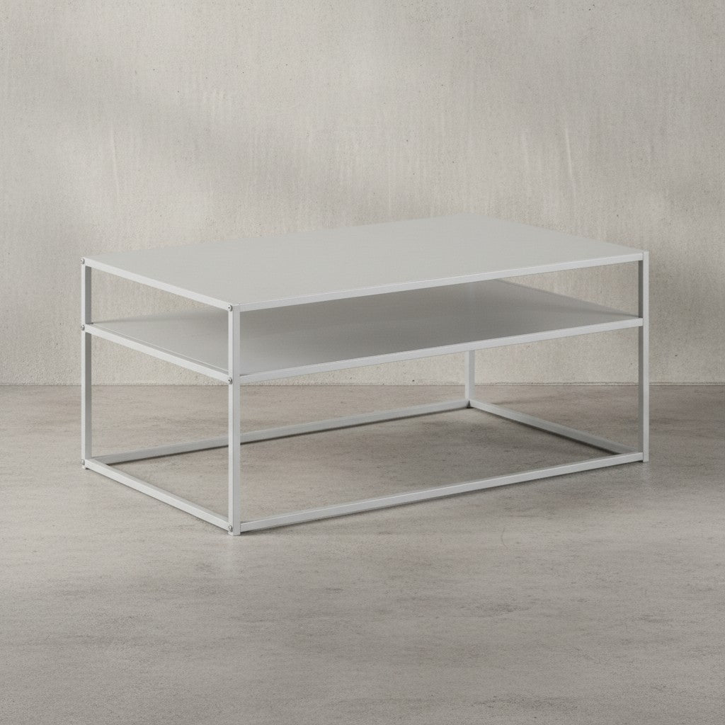 Couchtisch 100x60x45 cm Metall Wohnzimmertisch Industrial Weiß - Sofatisch Stahl mit Stauraum - Loungetisch mit Ablagefach - Kaffeetisch Beistelltisch Eckig_
