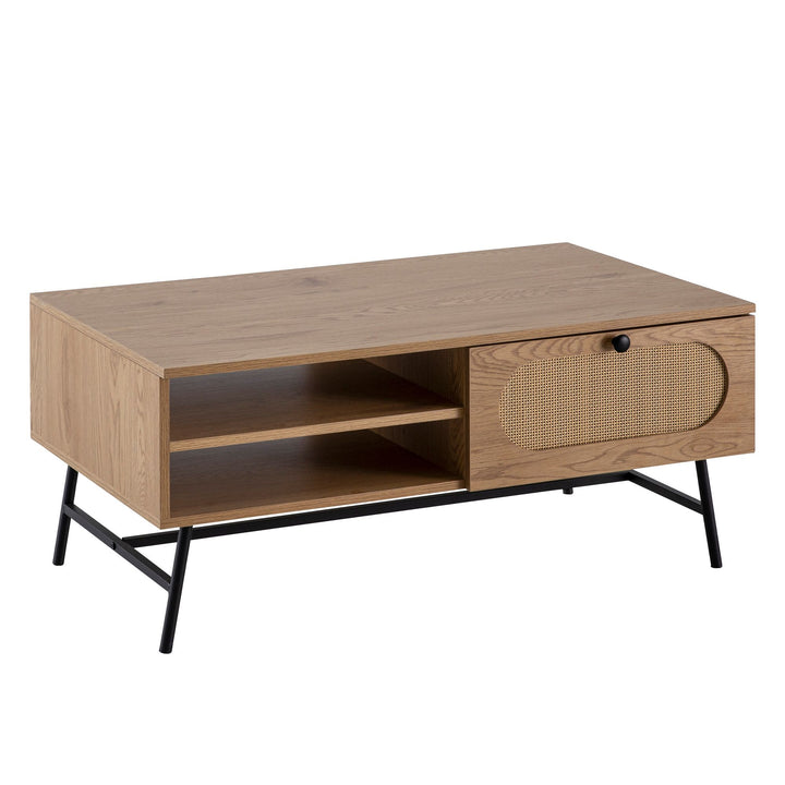 Couchtisch in Eiche-Dekor und Rattan, 100x60x45 cm, mit integriertem Stauraum