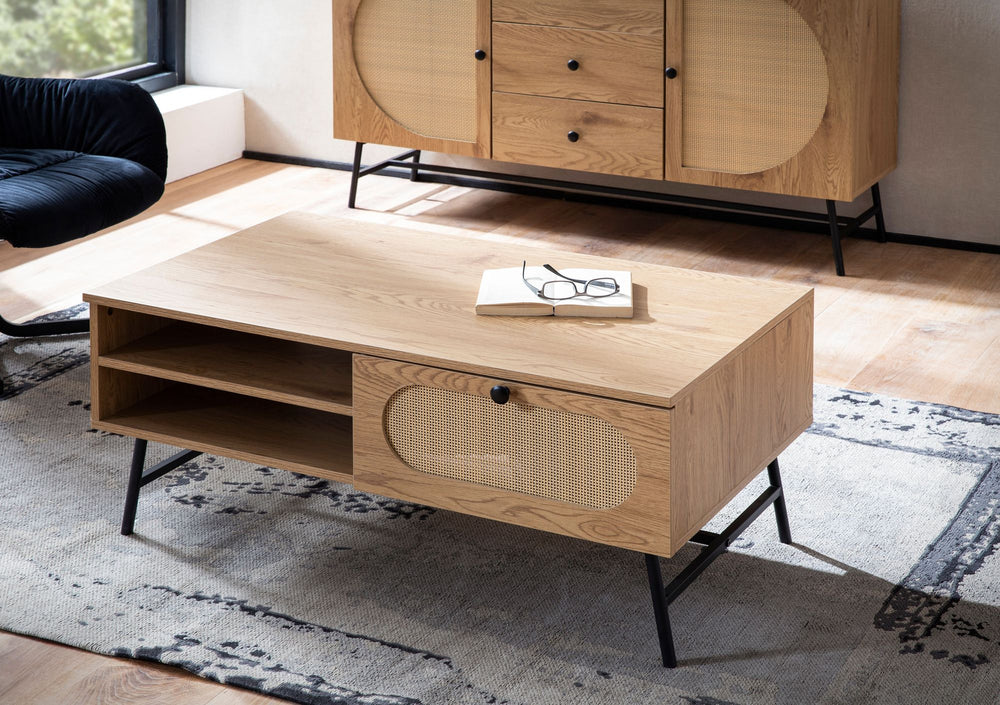 Couchtisch 100x60x45 cm Wohnzimmertisch mit Eiche-Dekor &amp; Rattan - Sofatisch Rechteckig mit Stauraum - Kaffeetisch mit Schublade - Tisch Wohnzimmer mit Metallbeine_