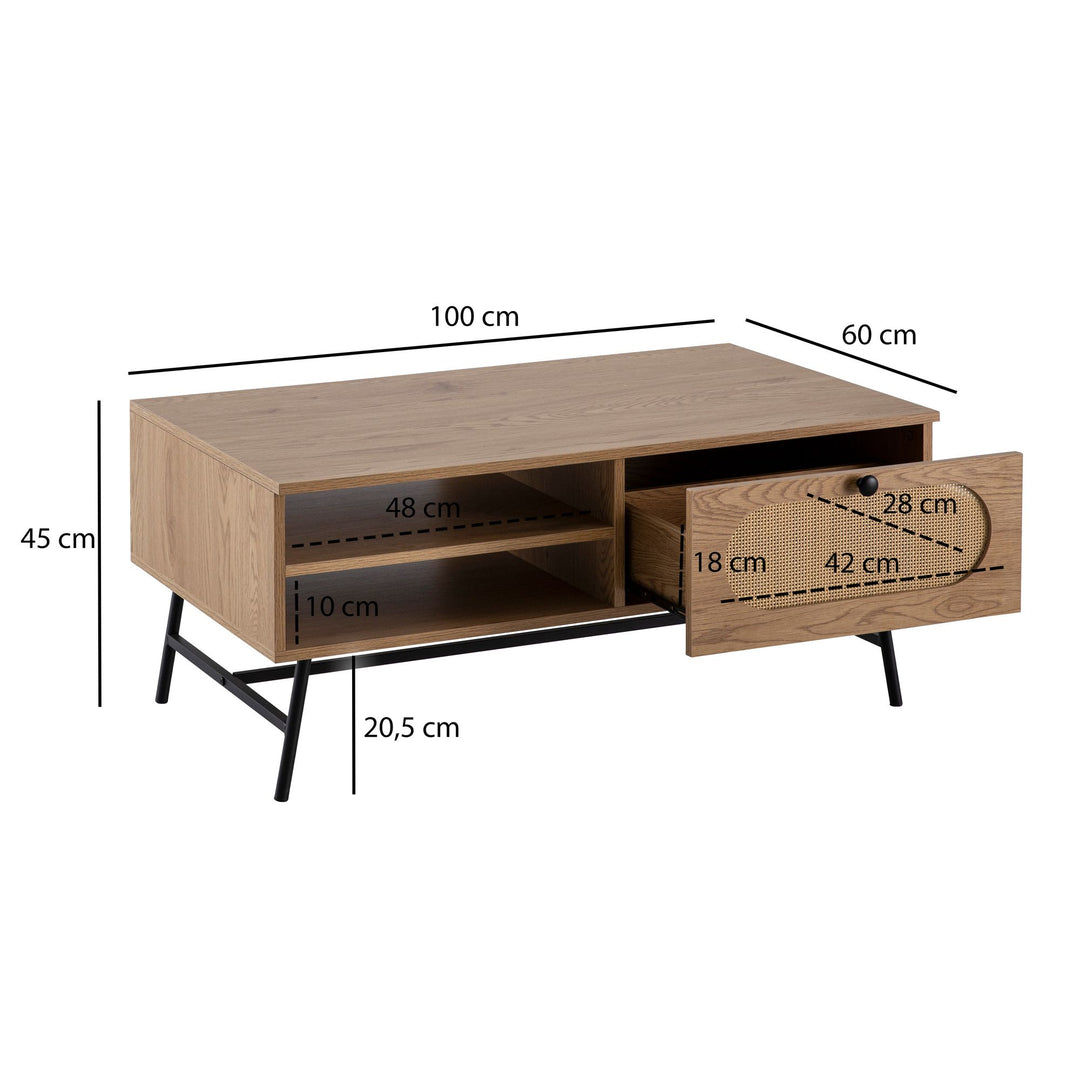 Couchtisch in Eiche-Dekor und Rattan, 100x60x45 cm, mit integriertem Stauraum