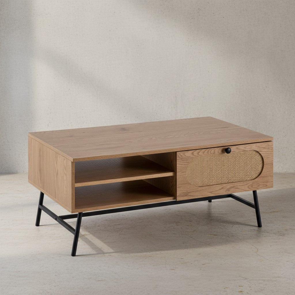 Couchtisch 100x60x45 cm Wohnzimmertisch mit Eiche-Dekor &amp; Rattan - Sofatisch Rechteckig mit Stauraum - Kaffeetisch mit Schublade - Tisch Wohnzimmer mit Metallbeine_