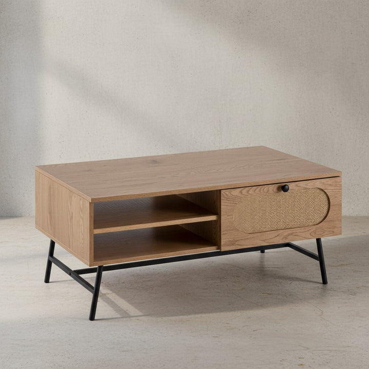Couchtisch 100x60x45 cm Wohnzimmertisch mit Eiche-Dekor &amp;amp; Rattan - Sofatisch Rechteckig mit Stauraum - Kaffeetisch mit Schublade - Tisch Wohnzimmer mit Metallbeine_