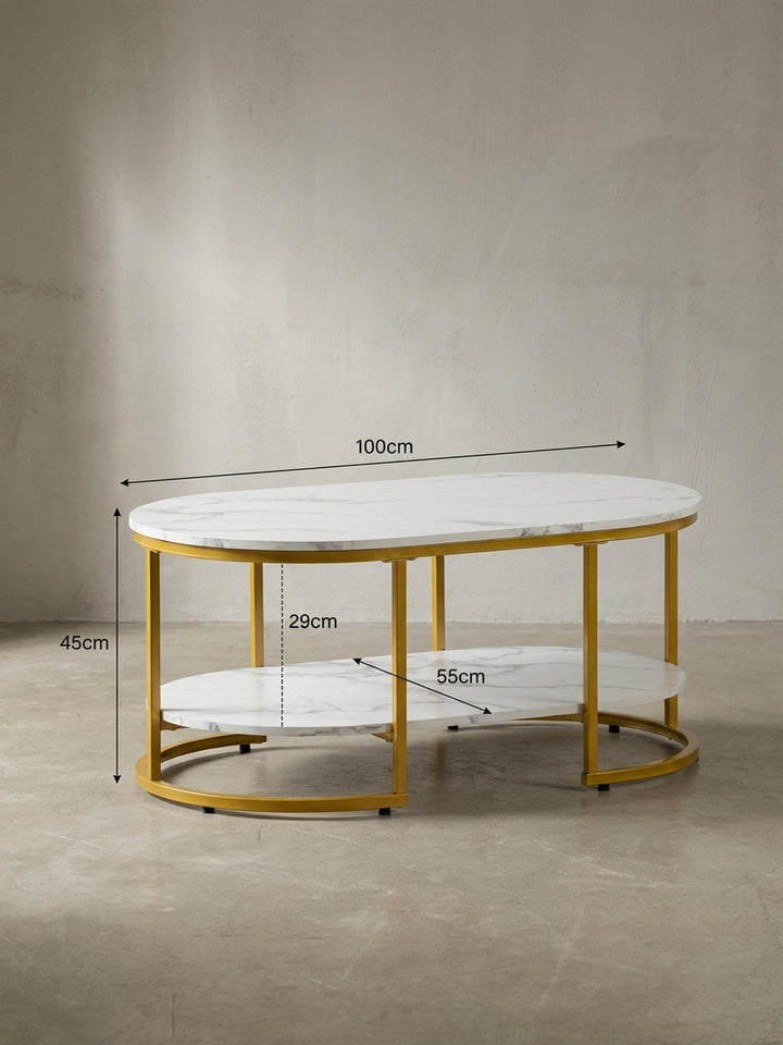 Skizze des ovalen Couchtisches mit exakten Maßen: 100cm Länge, 45cm Höhe und 60cm Tiefe für die perfekte Raumplanung._