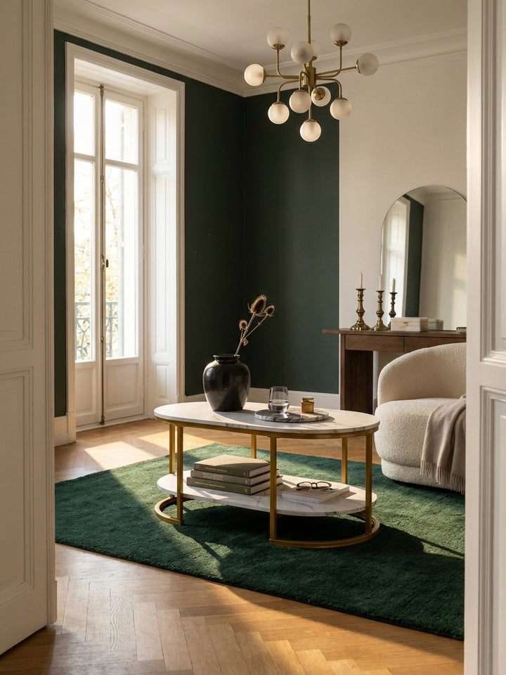Eleganter ovaler Couchtisch in Marmor-Optik Weiß und Gold als Mittelpunkt in einem modernen Wohnzimmer mit beigem Sofa._